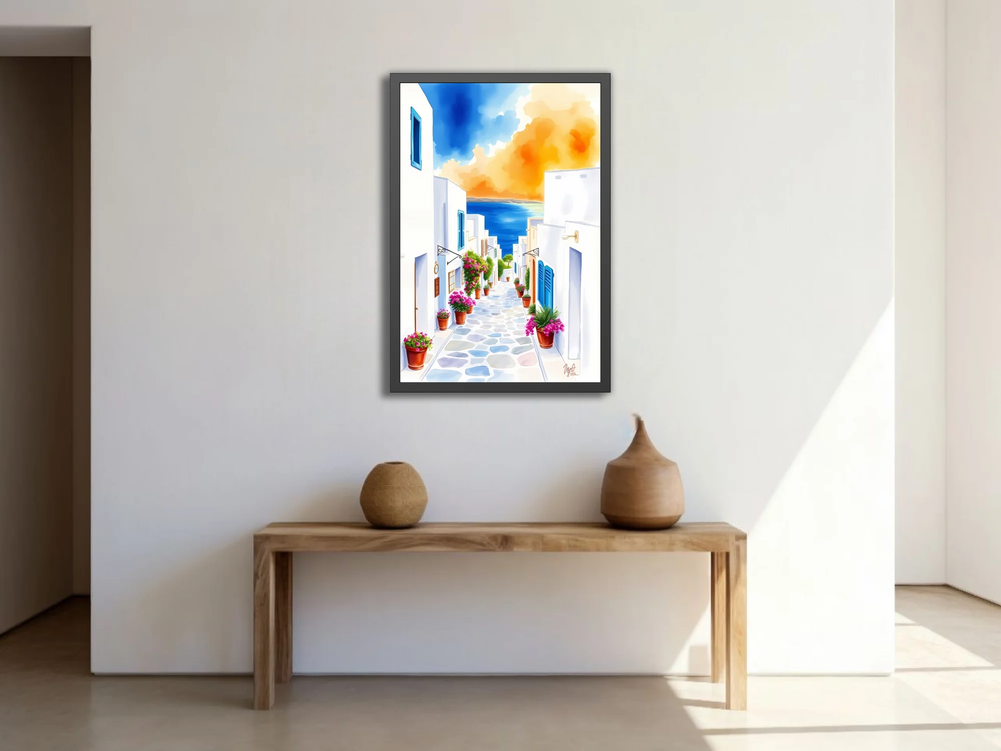 Watercolor-style Greek island alley with white walls, pink flowers, and blue sea beyond