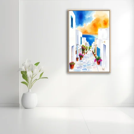 Watercolor-style Greek island alley with white walls, pink flowers, and blue sea beyond