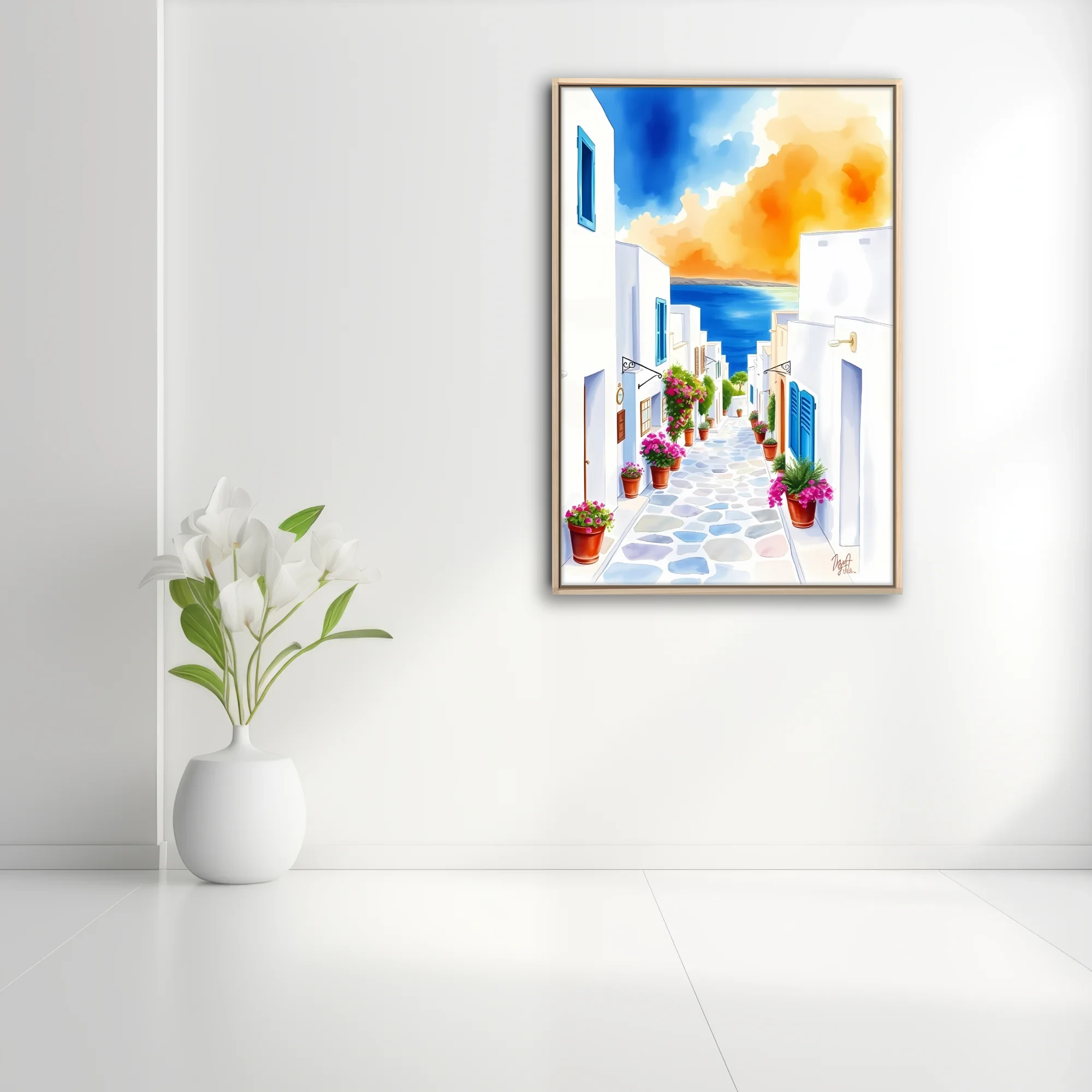 Watercolor-style Greek island alley with white walls, pink flowers, and blue sea beyond