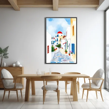 Watercolor-style Greek island alley with white walls, blue shutters, and flowering pots