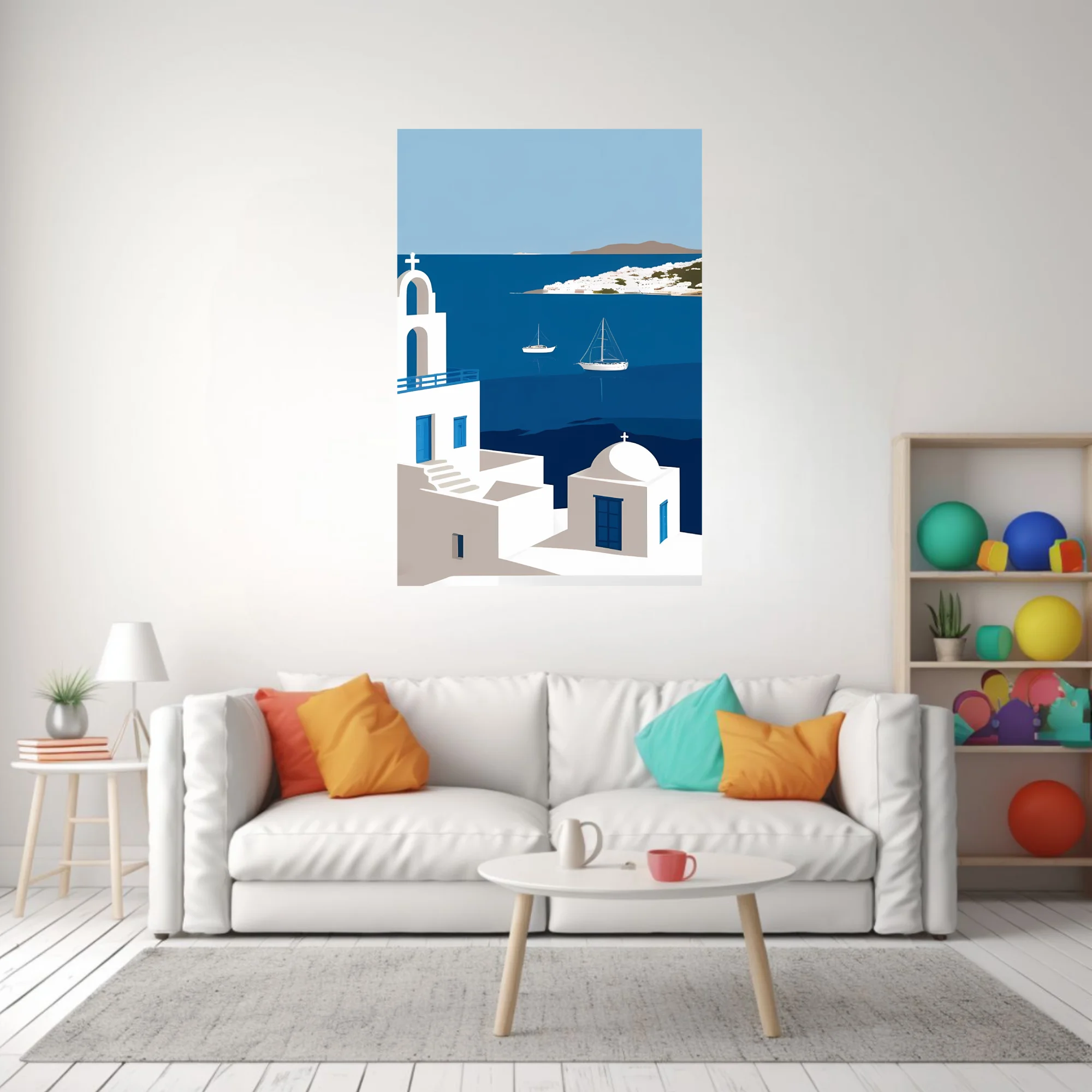 Minimalist Mykonos Aegean scene, white architecture blue doors sailboats cobalt sea