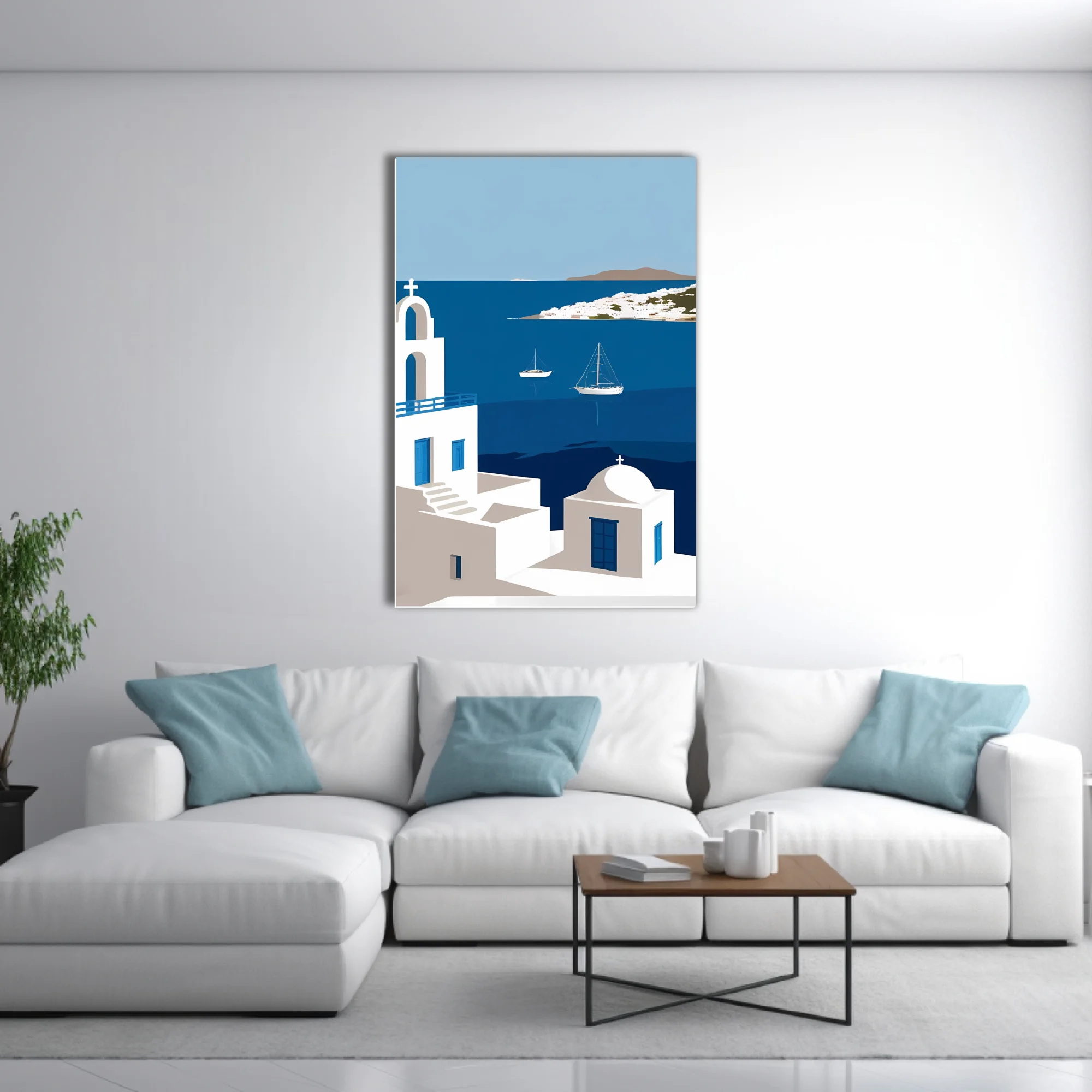 Minimalist Mykonos Aegean scene, white architecture blue doors sailboats cobalt sea