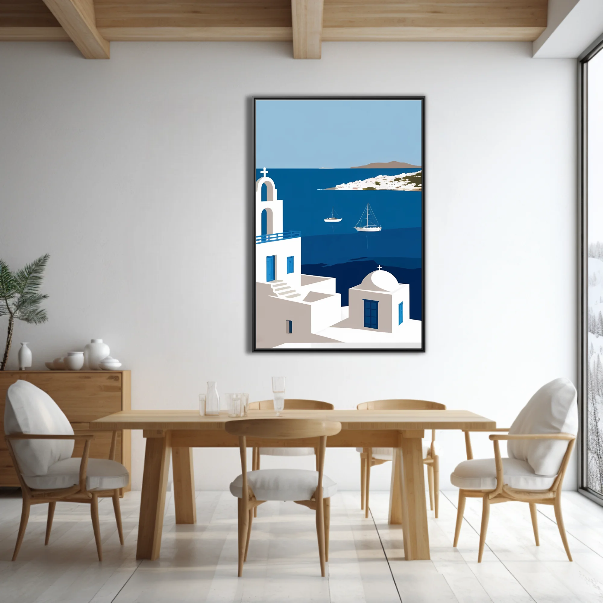 Minimalist Mykonos Aegean scene, white architecture blue doors sailboats cobalt sea