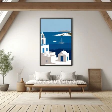 Minimalist Mykonos Aegean scene, white architecture blue doors sailboats cobalt sea