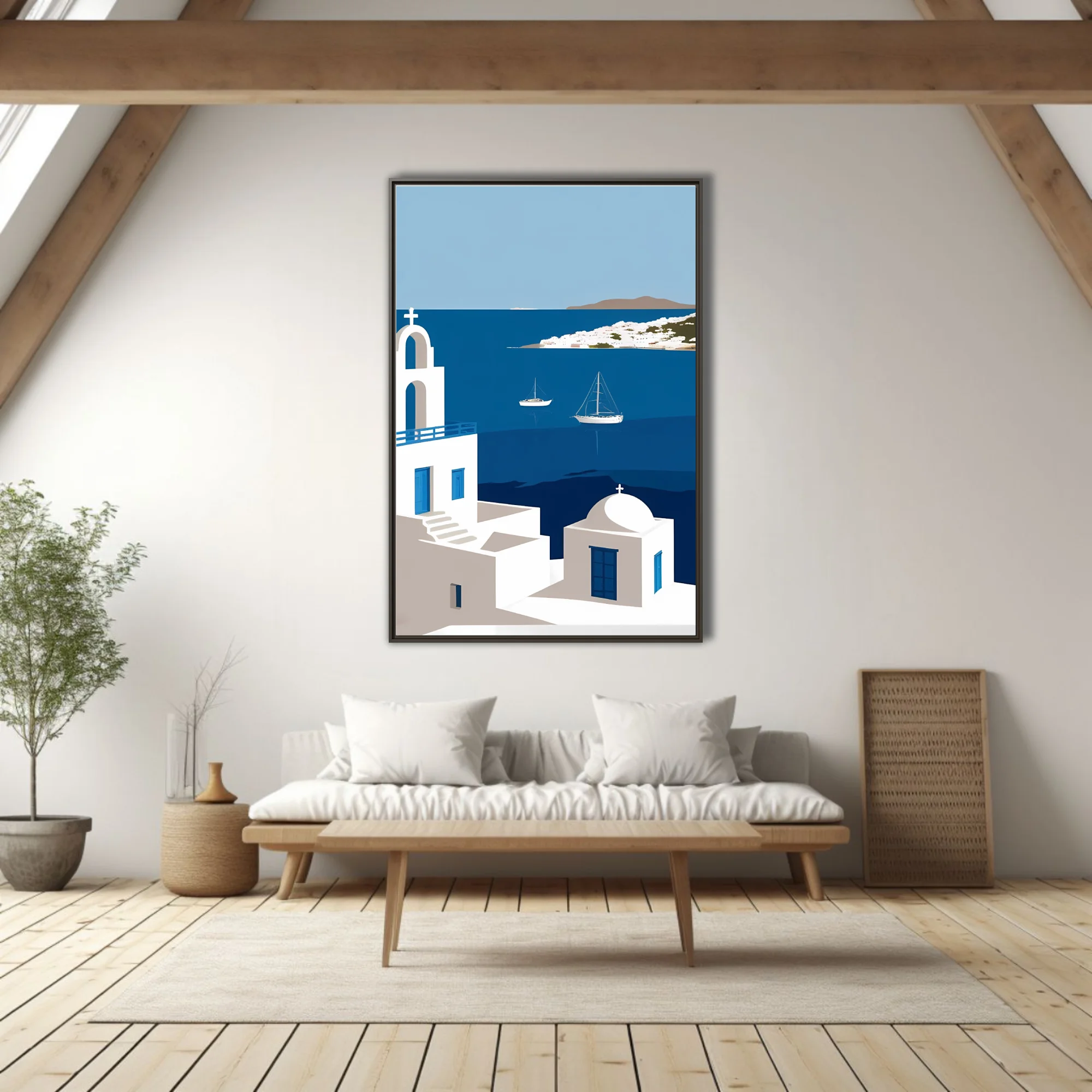 Minimalist Mykonos Aegean scene, white architecture blue doors sailboats cobalt sea