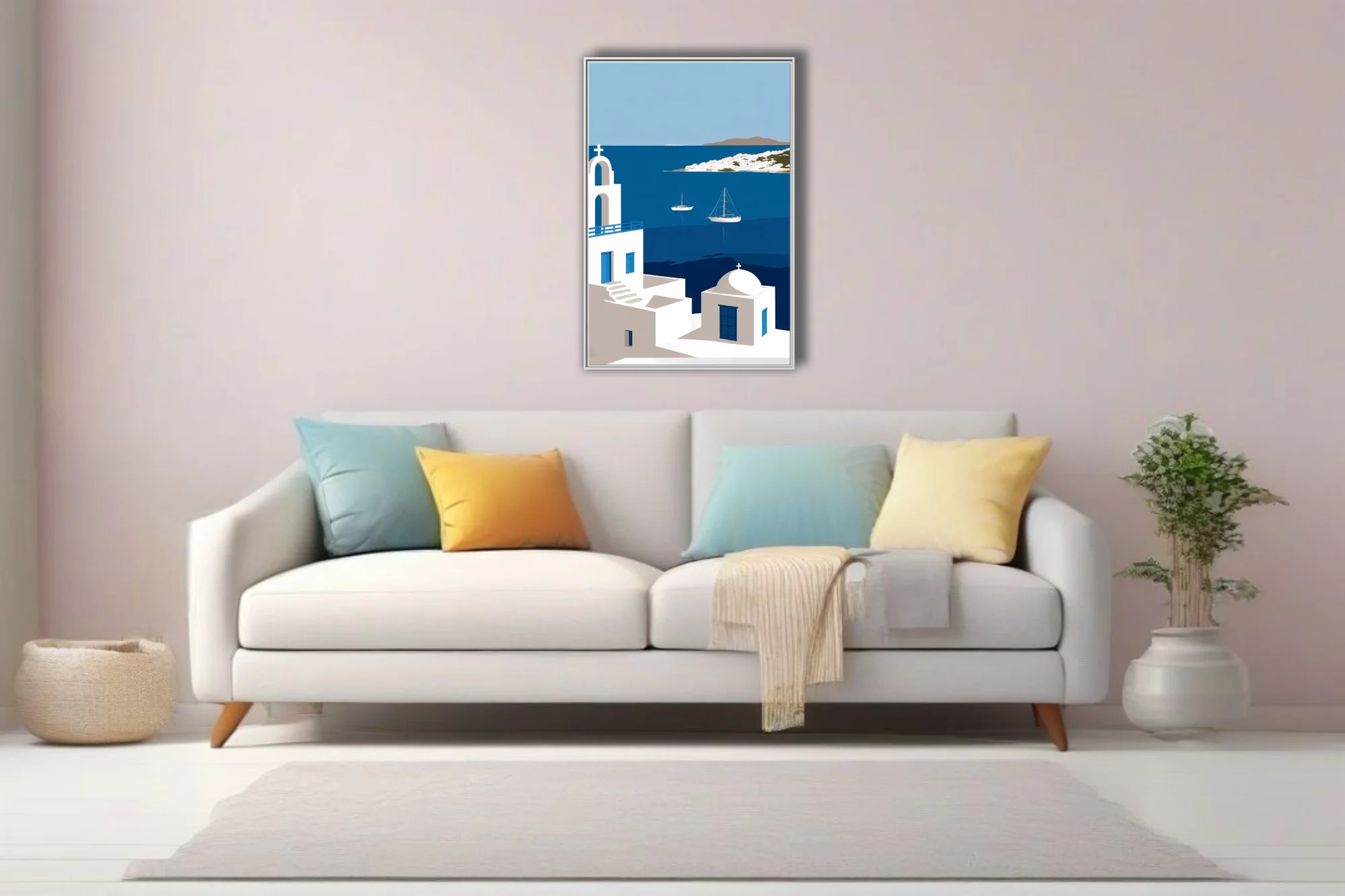 Minimalist Mykonos Aegean scene, white architecture blue doors sailboats cobalt sea