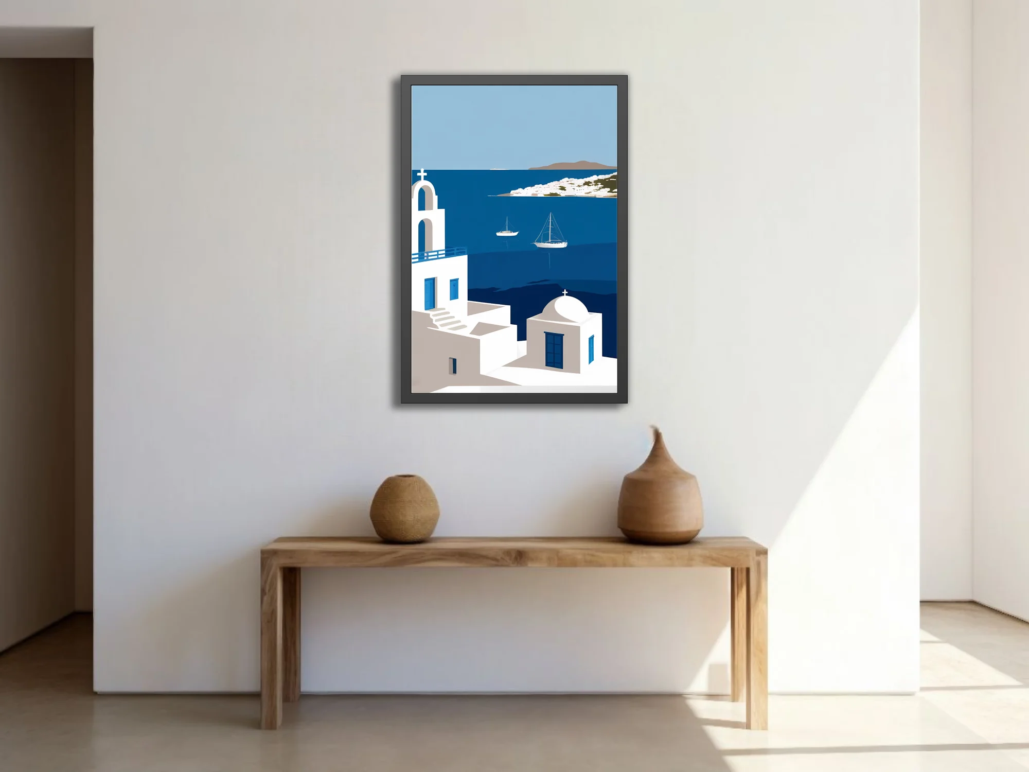 Minimalist Mykonos Aegean scene, white architecture blue doors sailboats cobalt sea