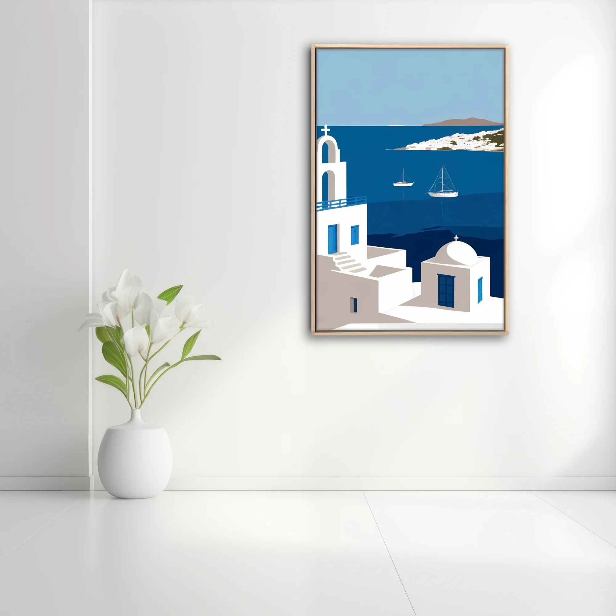 Minimalist Mykonos Aegean scene, white architecture blue doors sailboats cobalt sea