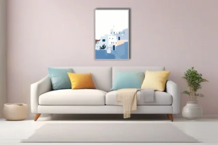 Minimalist Cycladic architecture illustration, whitewashed buildings, domed chapel, soft blue palette