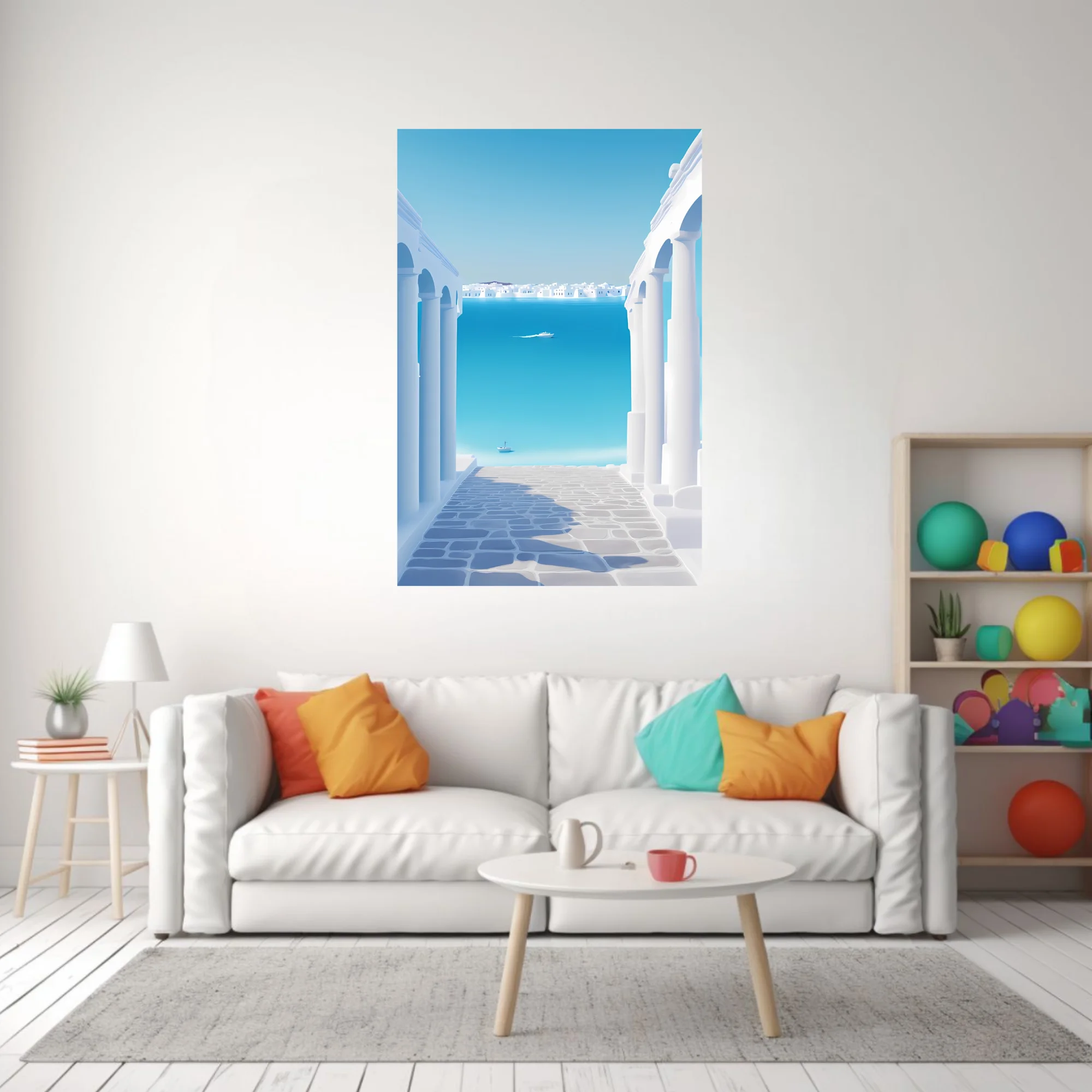 Minimalist Aegean coastal scene, white arches and cobblestone opening to cerulean sea