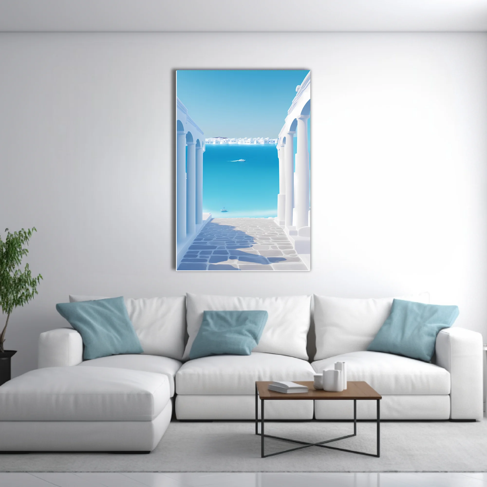 Minimalist Aegean coastal scene, white arches and cobblestone opening to cerulean sea