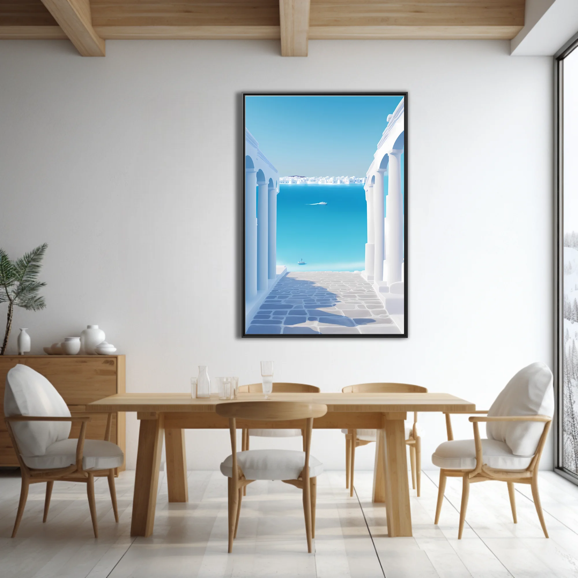 Minimalist Aegean coastal scene, white arches and cobblestone opening to cerulean sea