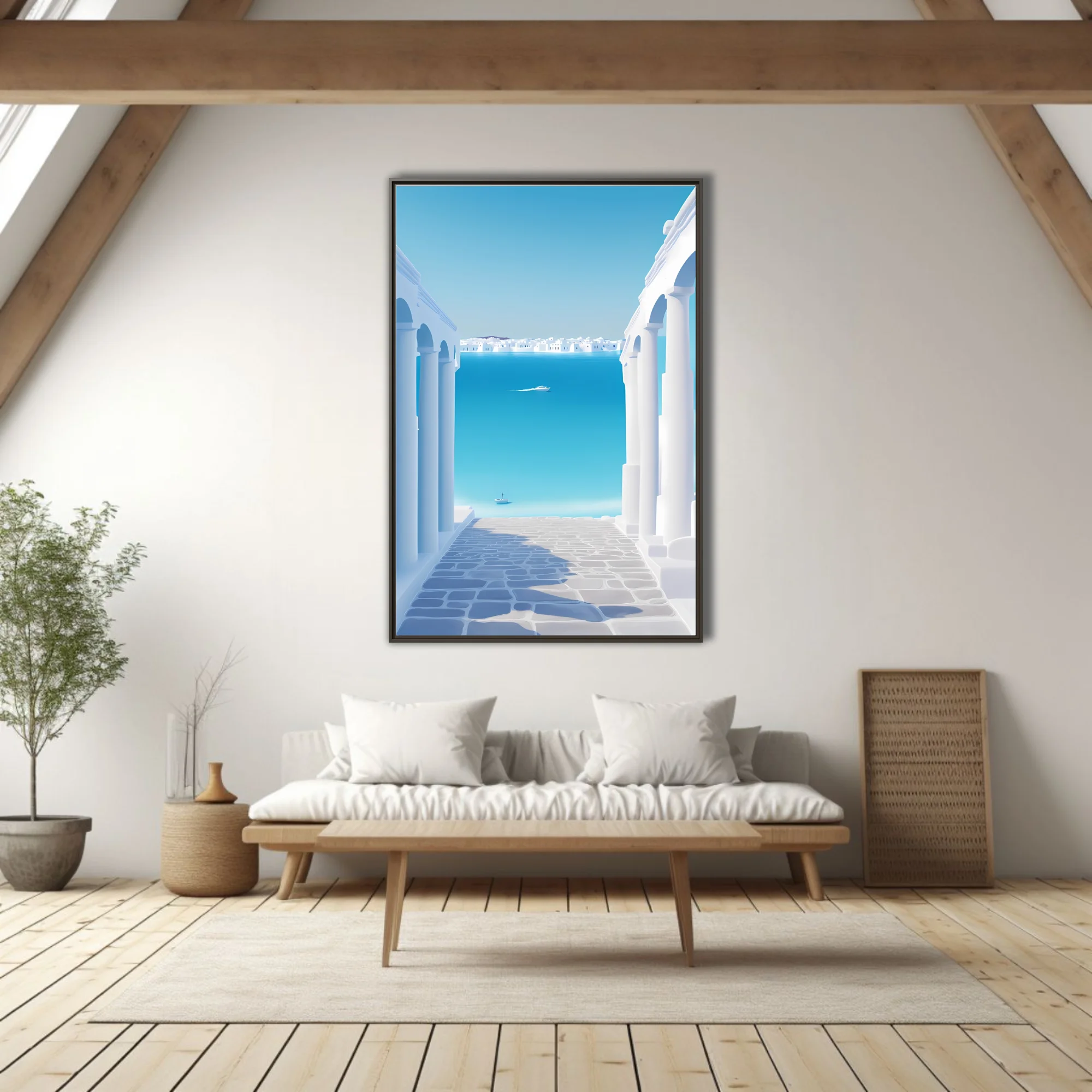 Minimalist Aegean coastal scene, white arches and cobblestone opening to cerulean sea