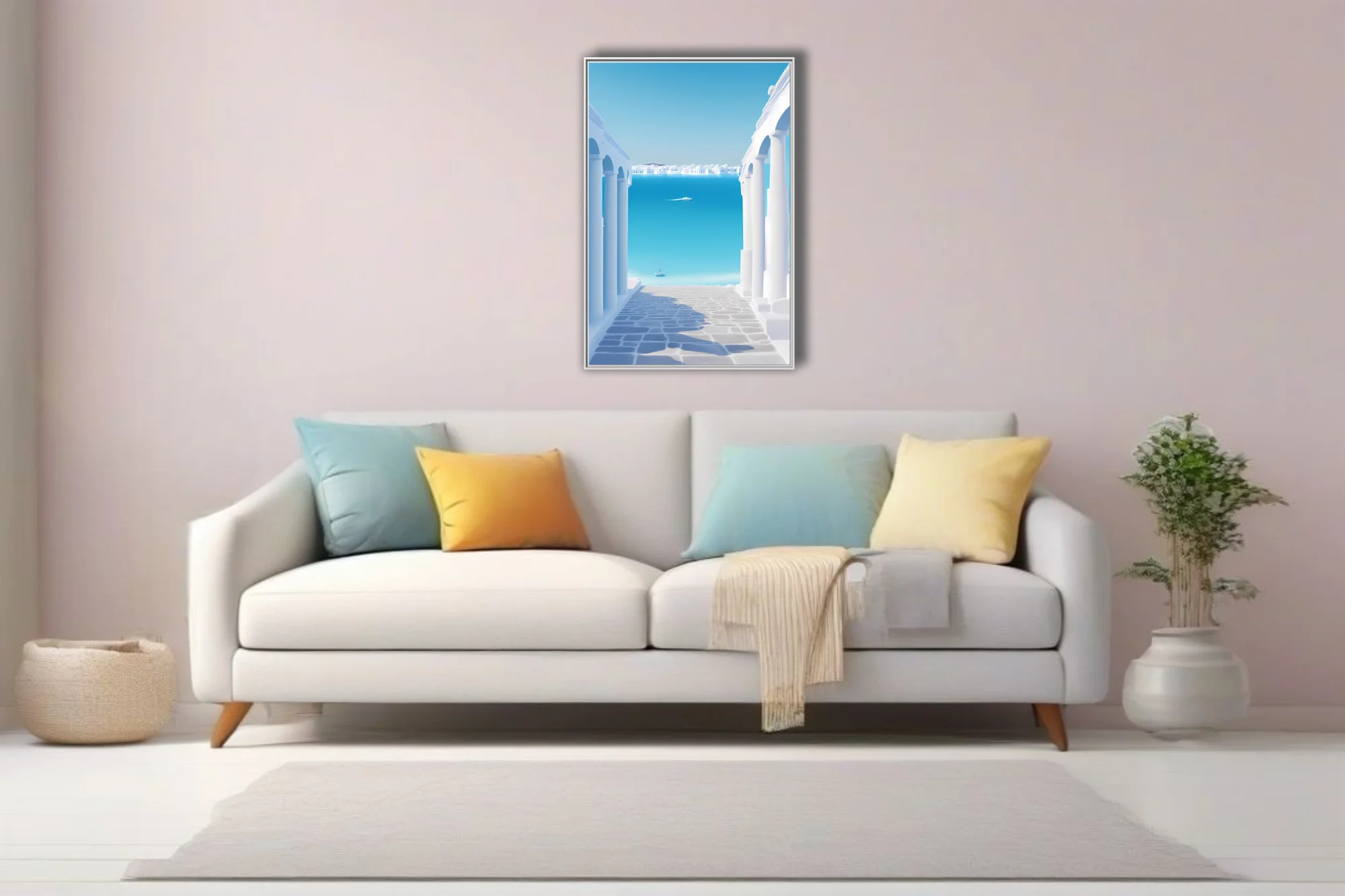Minimalist Aegean coastal scene, white arches and cobblestone opening to cerulean sea