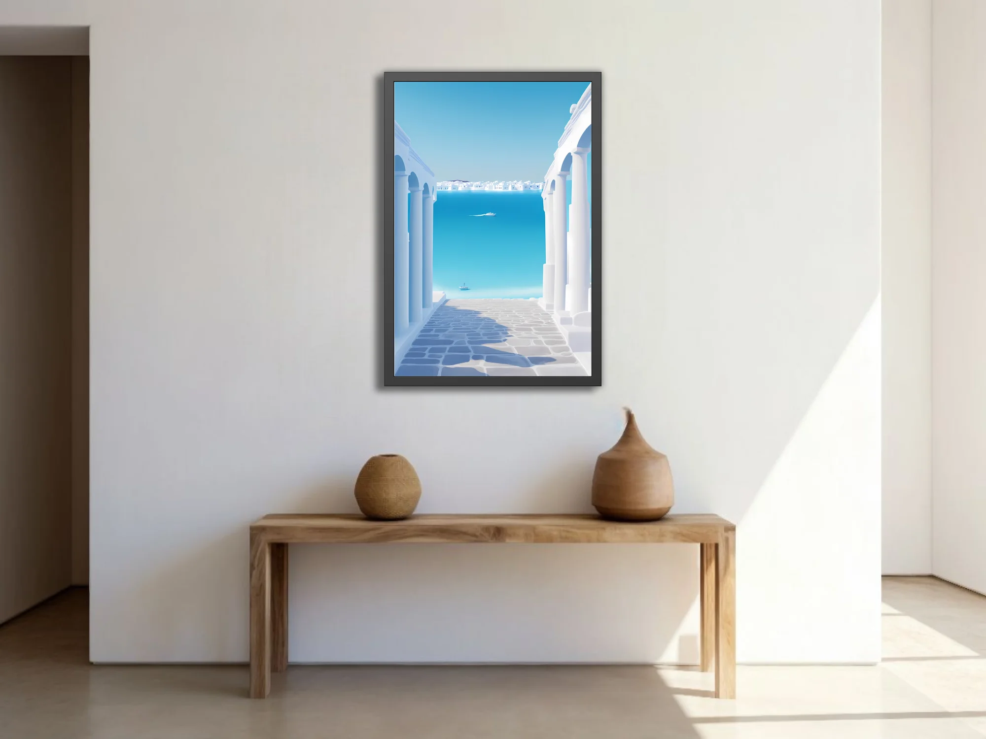 Minimalist Aegean coastal scene, white arches and cobblestone opening to cerulean sea