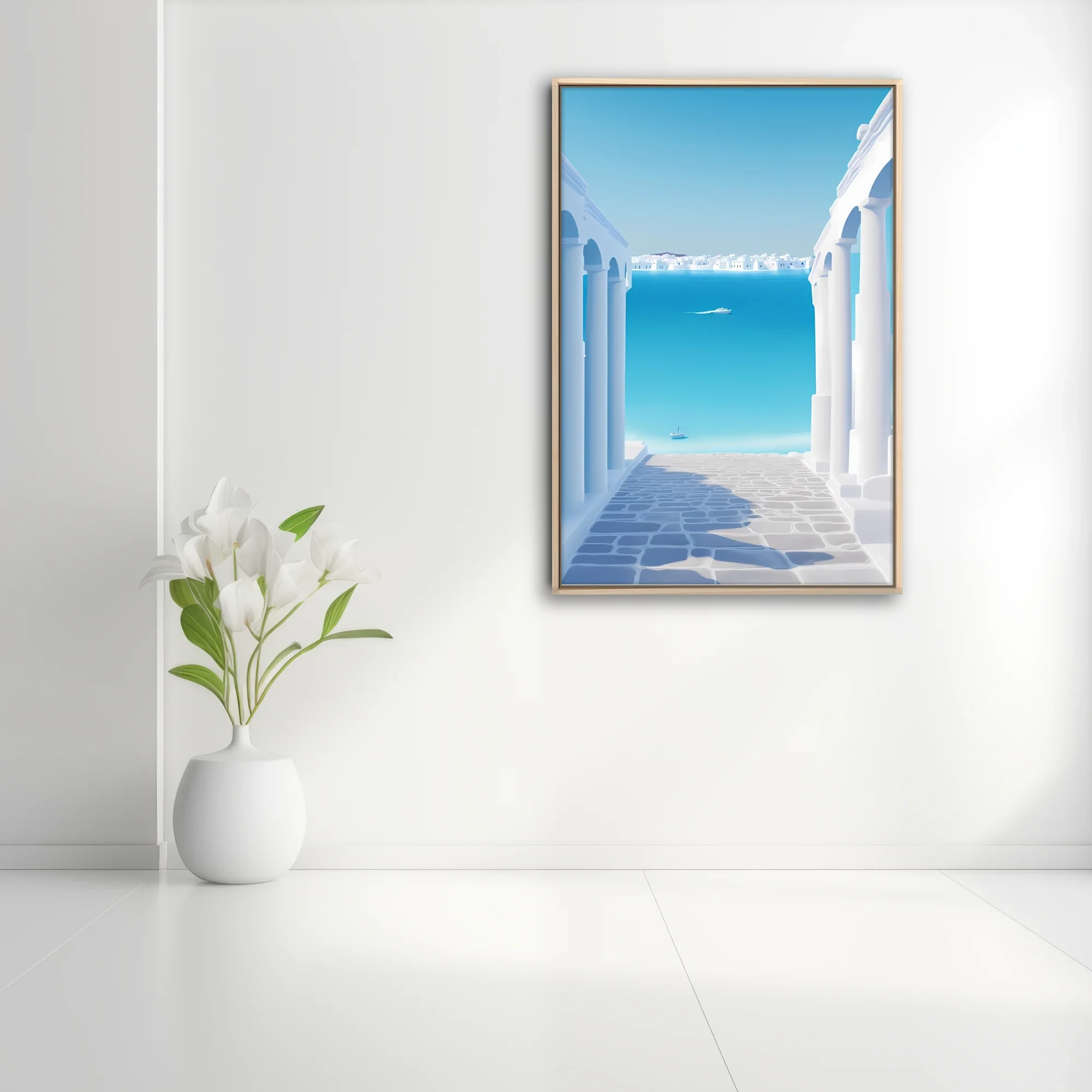 Minimalist Aegean coastal scene, white arches and cobblestone opening to cerulean sea
