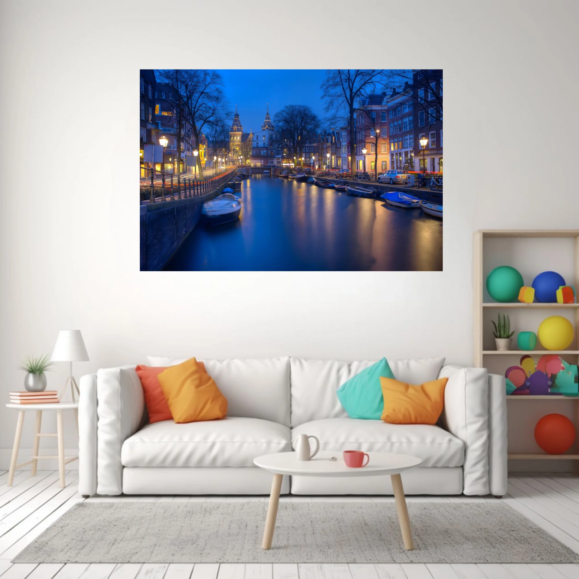 Amsterdam canal at twilight, long-exposure photo with blue tones and golden lantern reflections