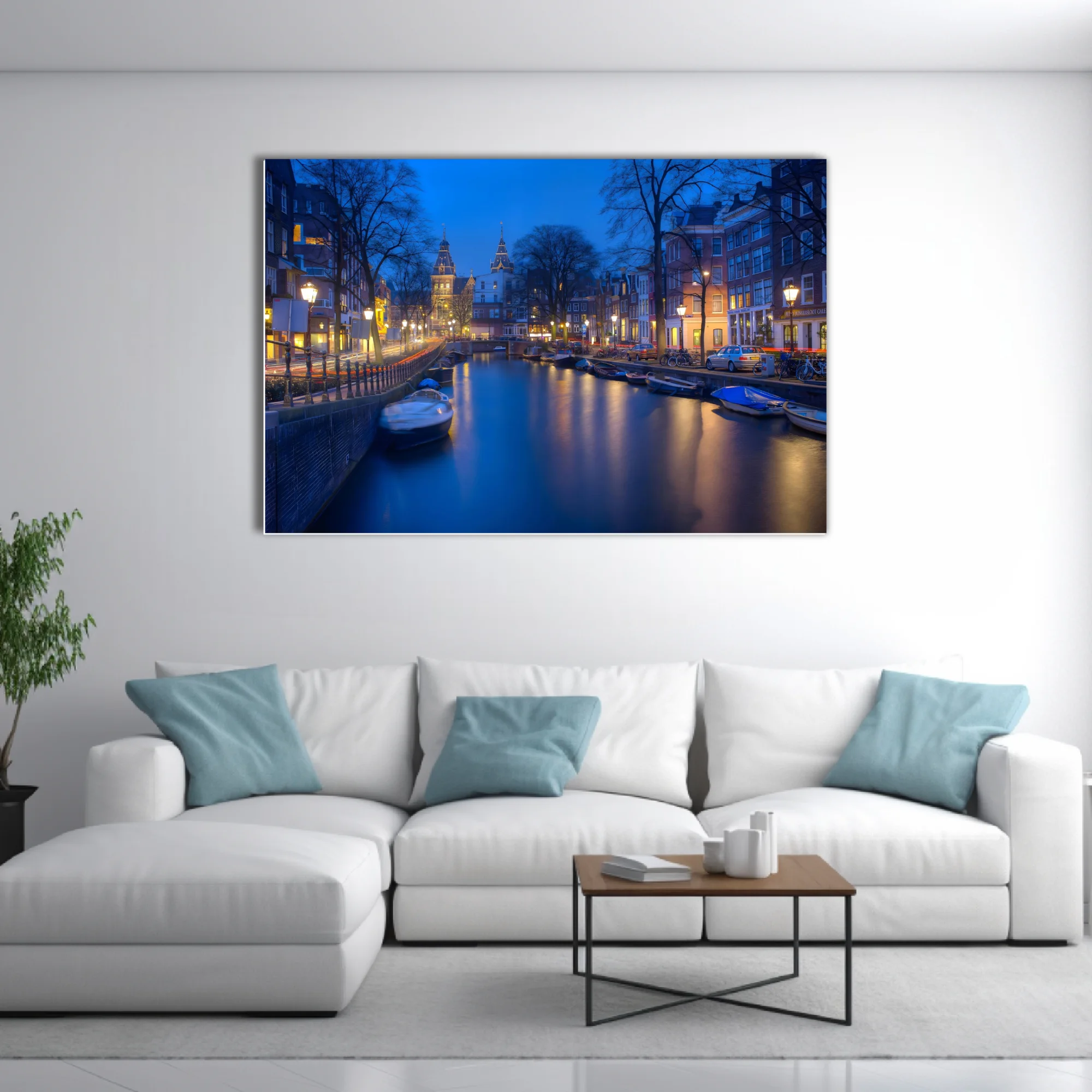 Amsterdam canal at twilight, long-exposure photo with blue tones and golden lantern reflections