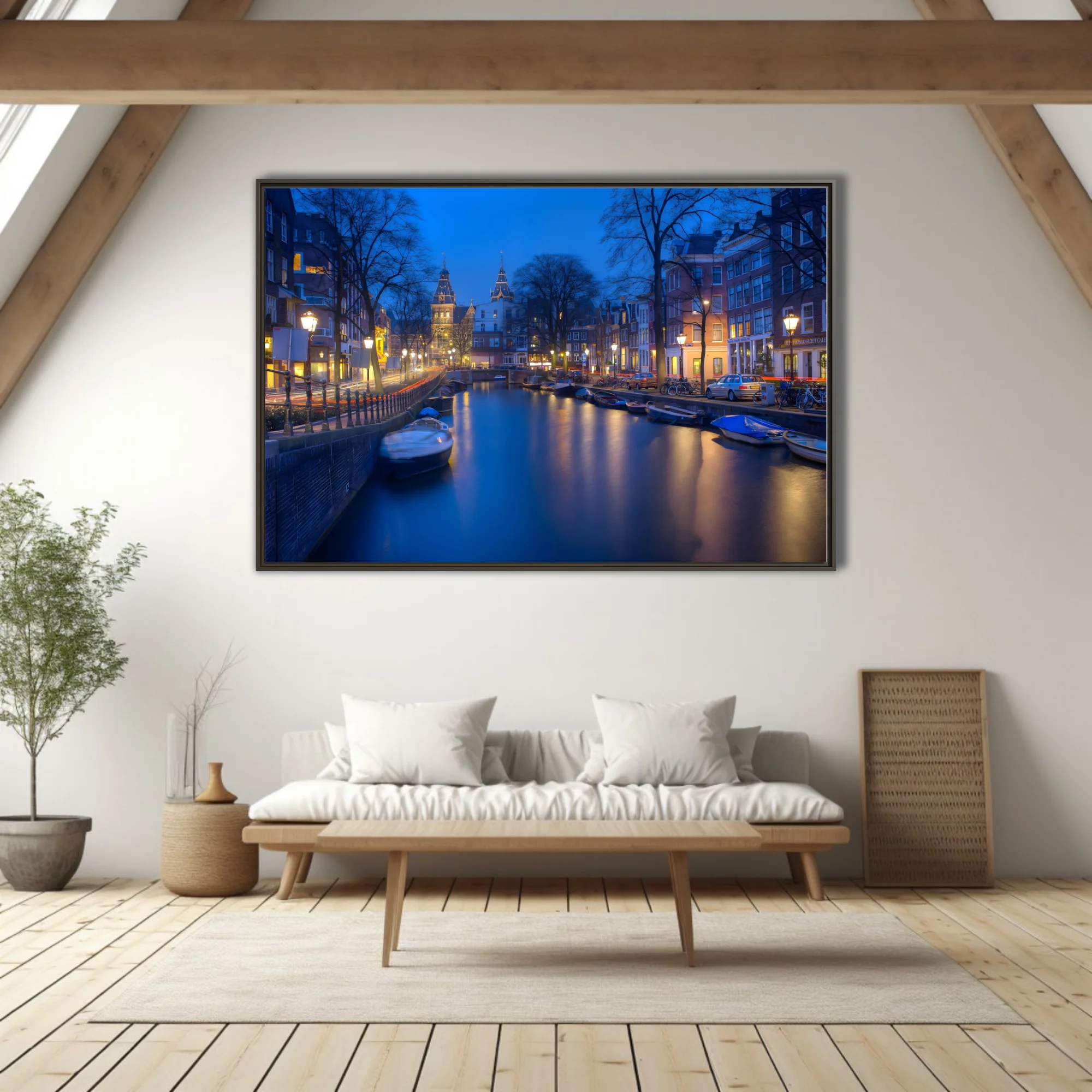 Amsterdam canal at twilight, long-exposure photo with blue tones and golden lantern reflections