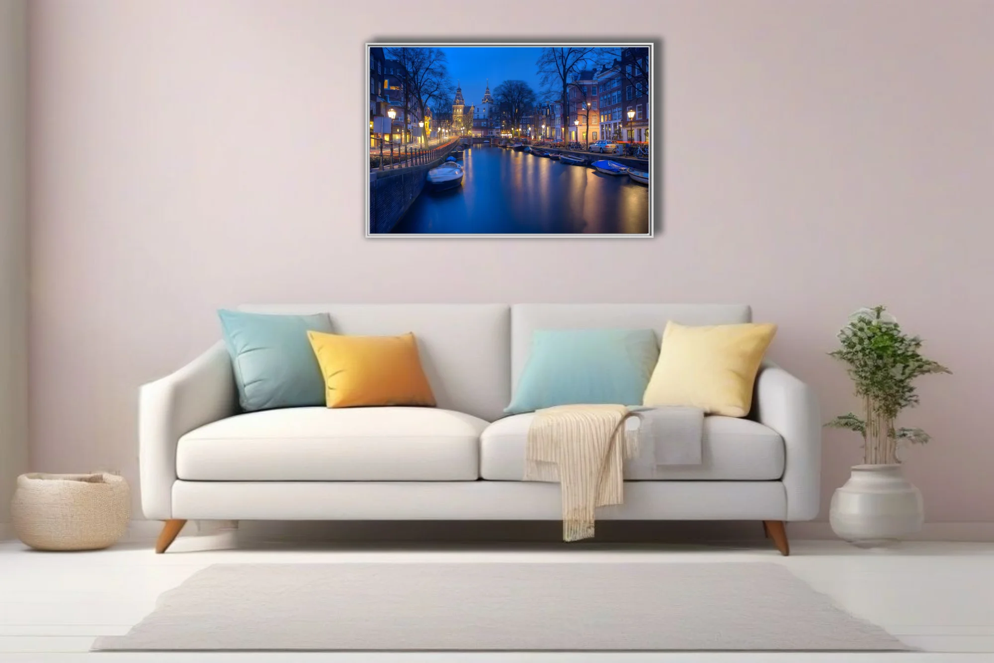 Amsterdam canal at twilight, long-exposure photo with blue tones and golden lantern reflections