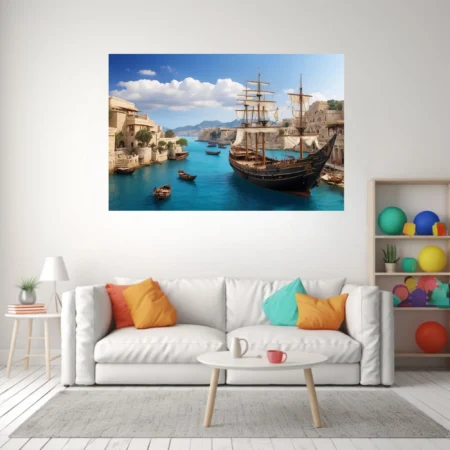 Ancient Mediterranean harbor with tall ship, turquoise waters, limestone city