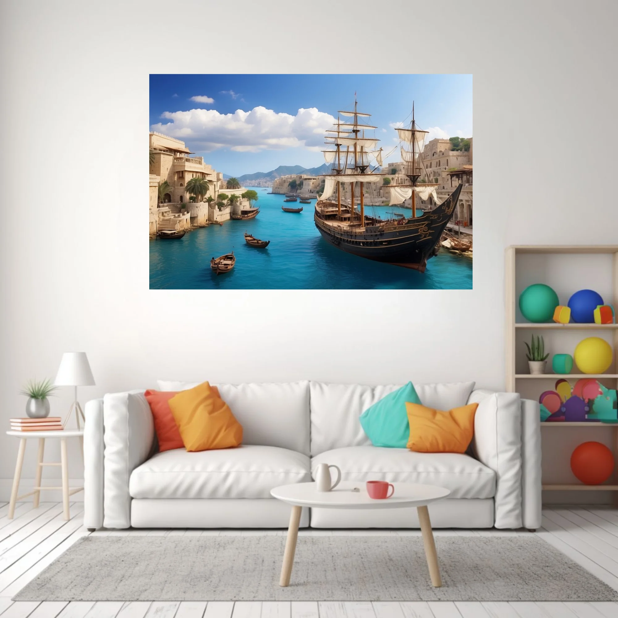 Ancient Mediterranean harbor with tall ship, turquoise waters, limestone city