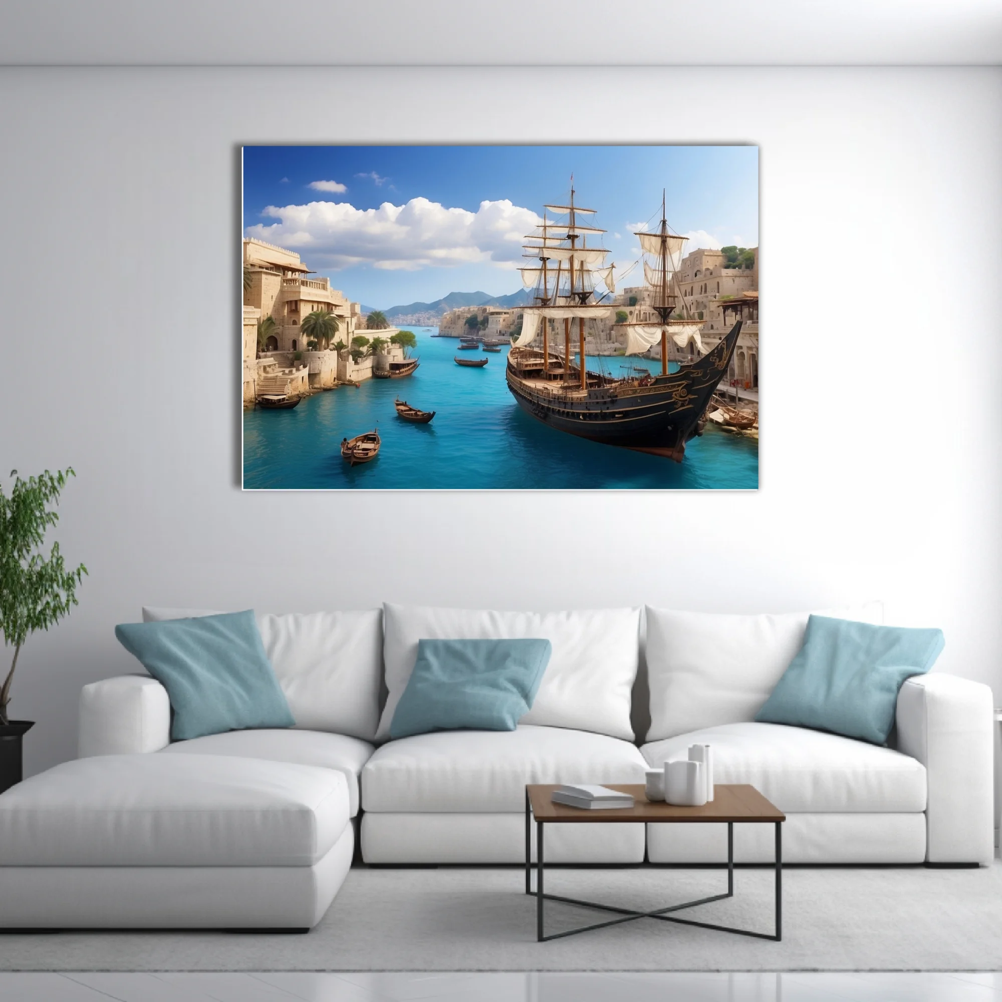 Ancient Mediterranean harbor with tall ship, turquoise waters, limestone city