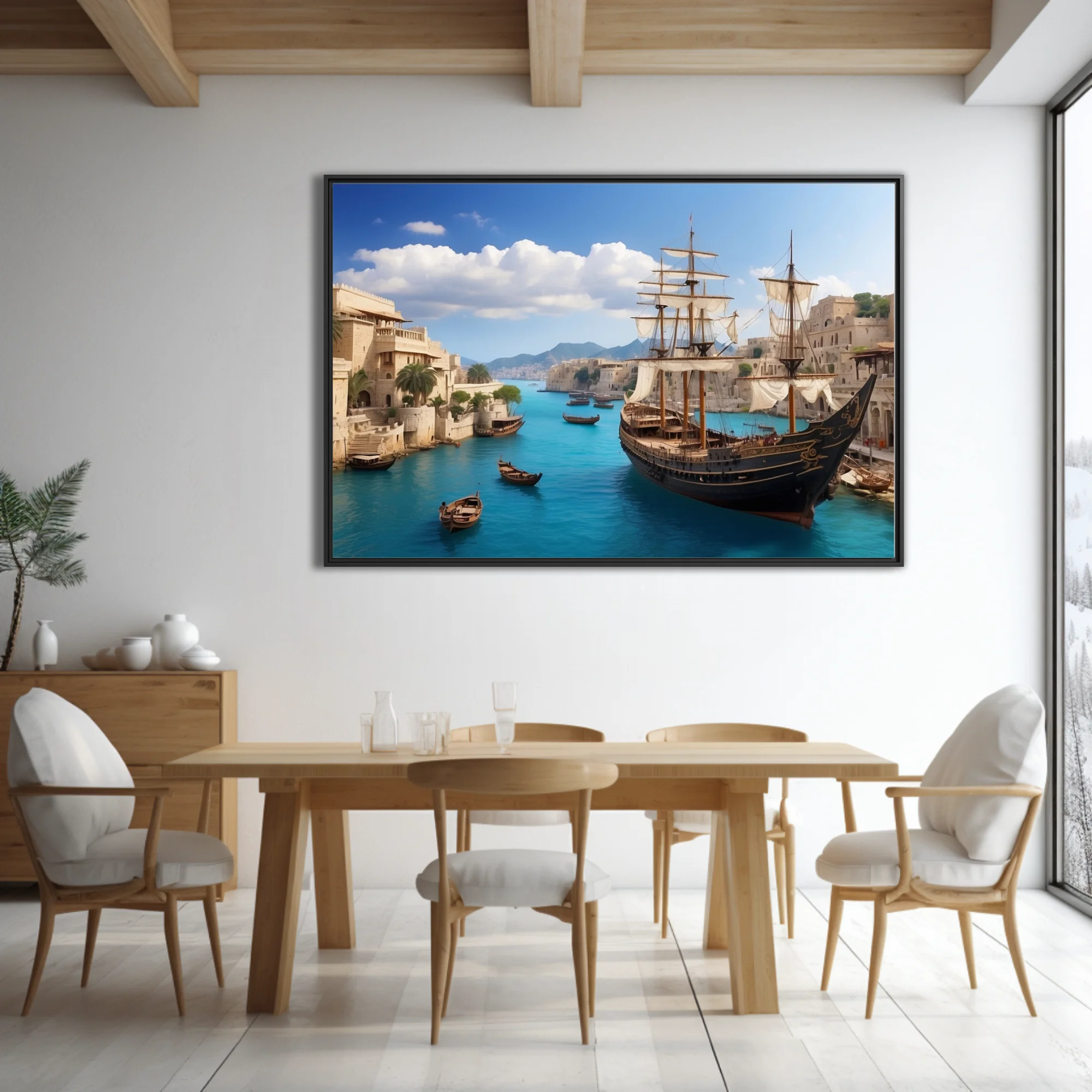 Ancient Mediterranean harbor with tall ship, turquoise waters, limestone city