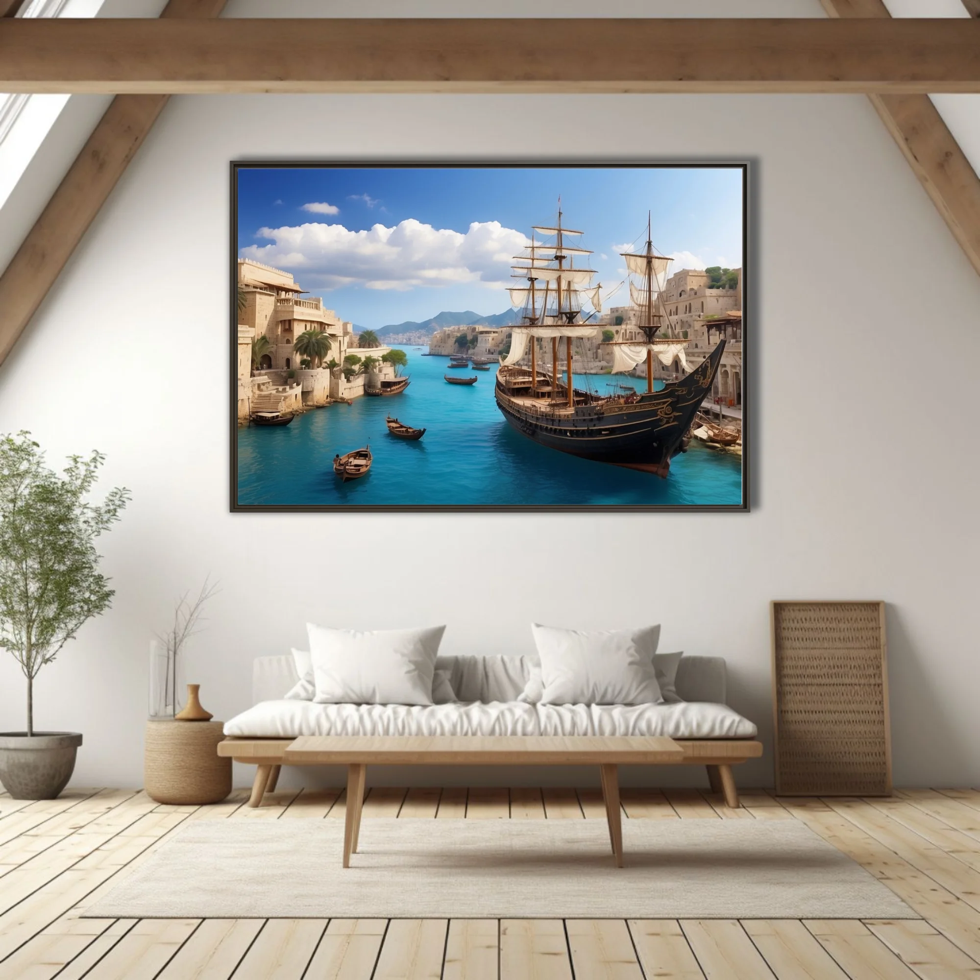 Ancient Mediterranean harbor with tall ship, turquoise waters, limestone city