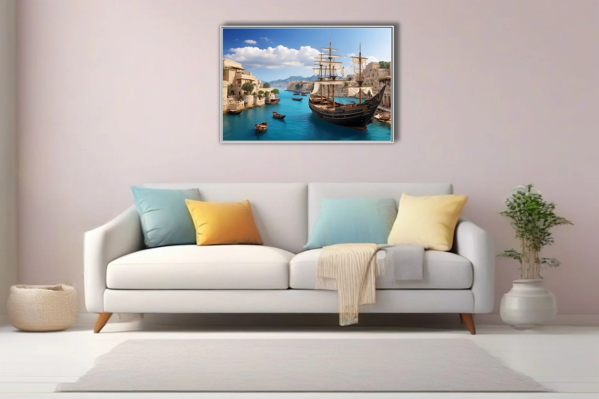 Ancient Mediterranean harbor with tall ship, turquoise waters, limestone city