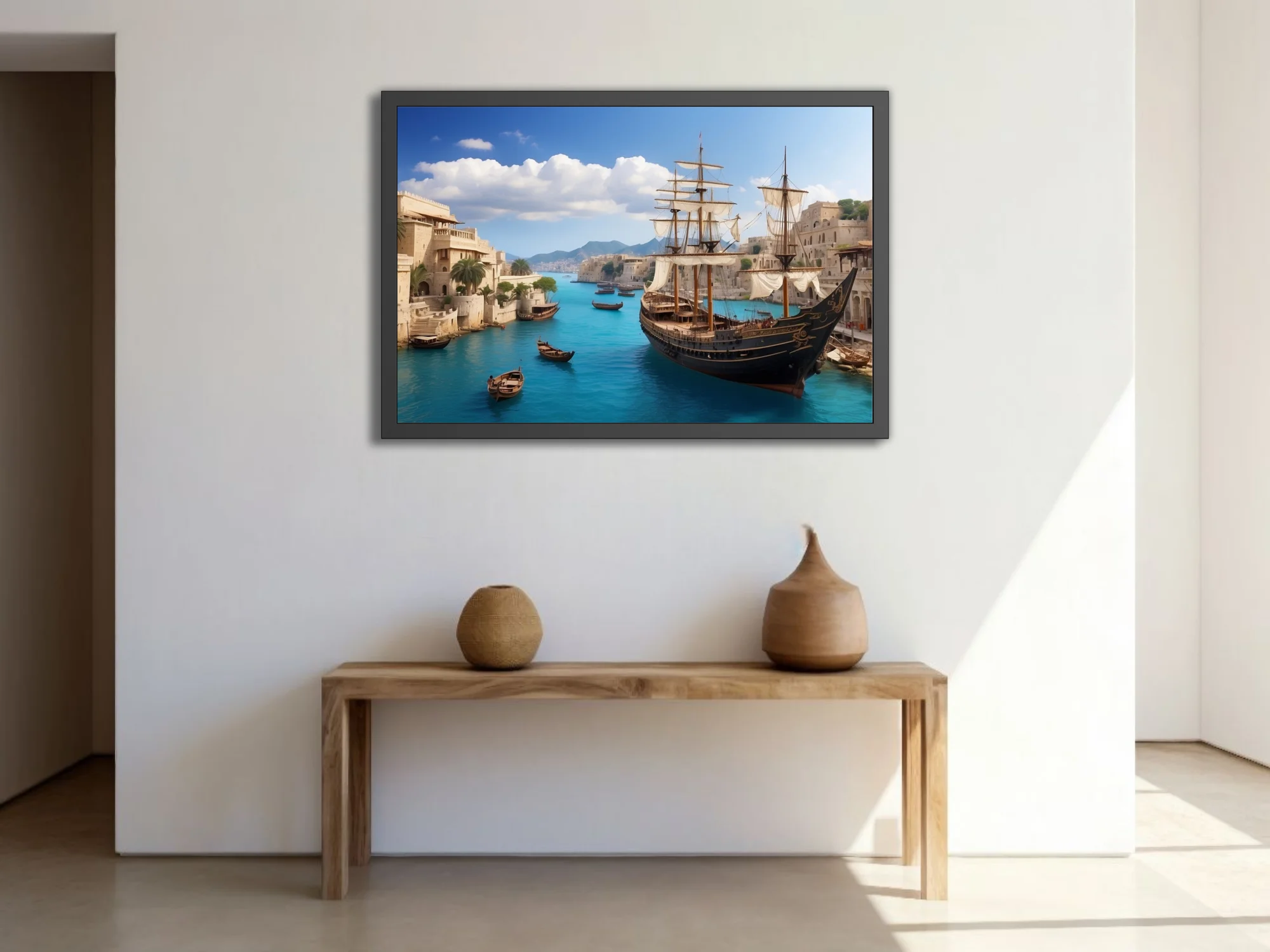 Ancient Mediterranean harbor with tall ship, turquoise waters, limestone city