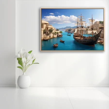 Ancient Mediterranean harbor with tall ship, turquoise waters, limestone city