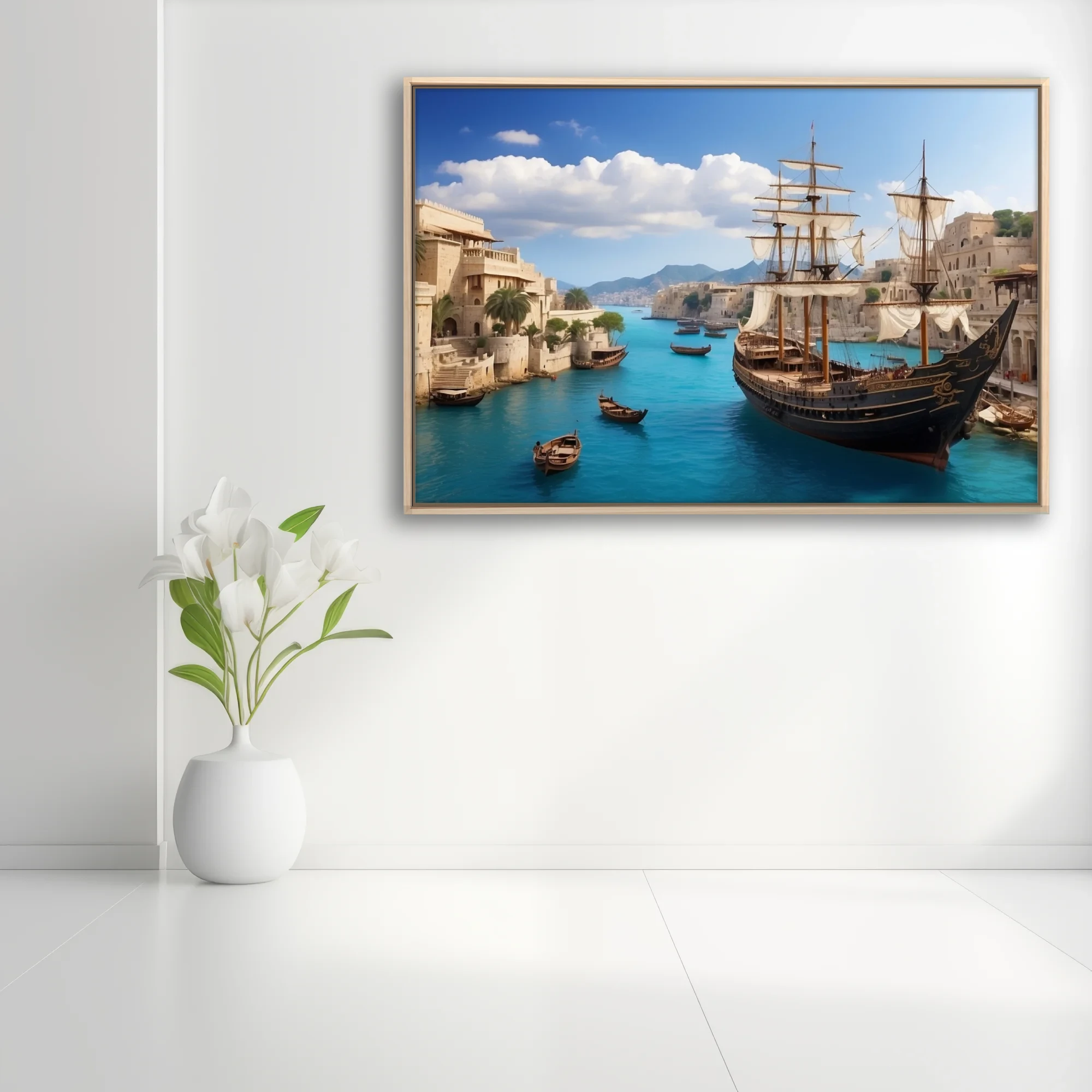 Ancient Mediterranean harbor with tall ship, turquoise waters, limestone city