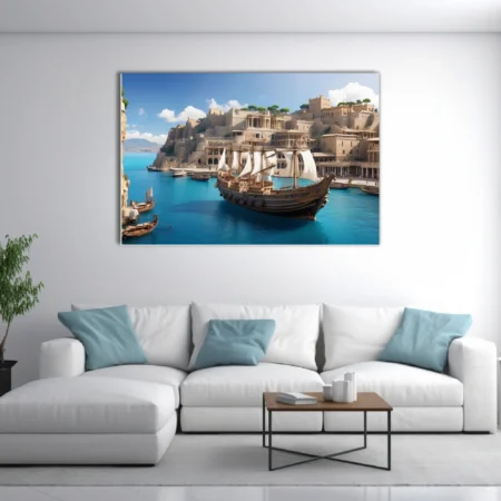 Ancient Mediterranean harbor with classical stone city and tall-masted sailing ships
