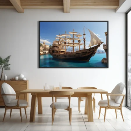 Tall ship with white sails in ancient Mediterranean harbor, turquoise water