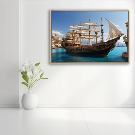 Tall ship with white sails in ancient Mediterranean harbor, turquoise water