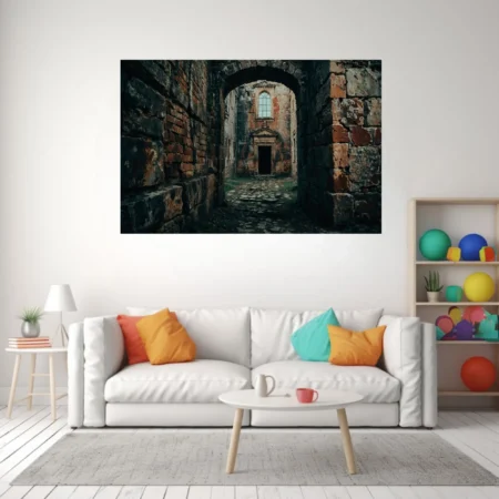 Dark stone ruins with cobbled passage, arched gateway, and ornate doorway in gothic style
