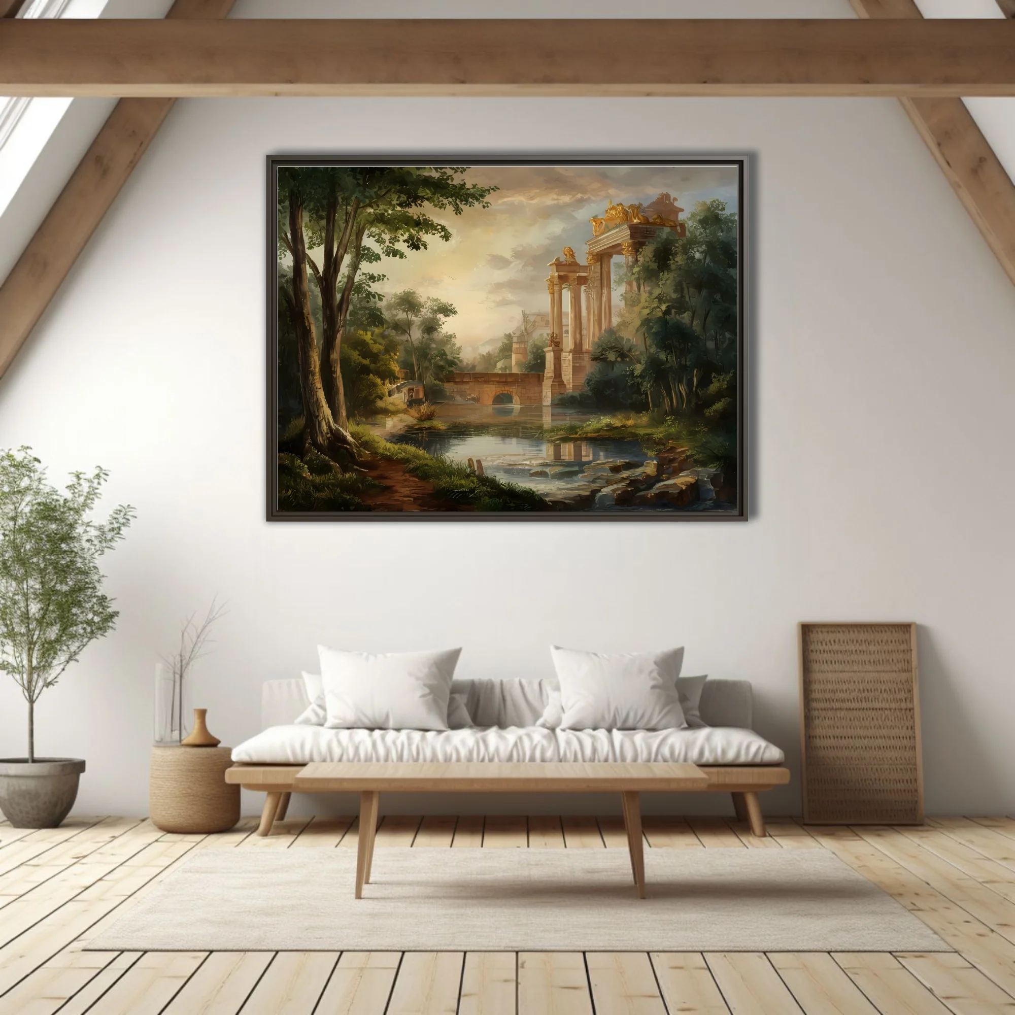 Classical ruins landscape with golden light, columns, and still water