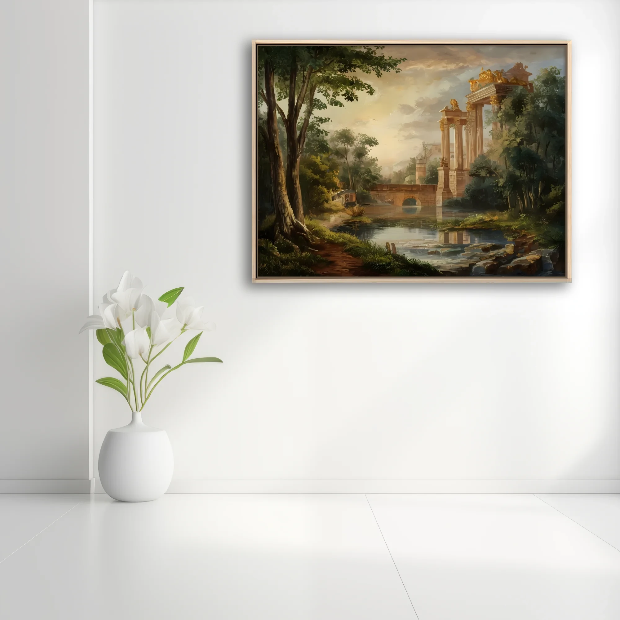 Classical ruins landscape with golden light, columns, and still water
