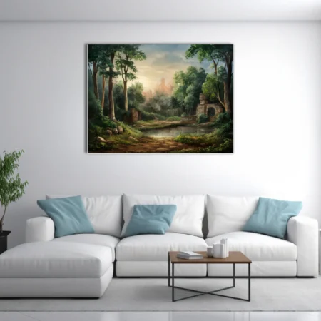 Painterly fantasy landscape with ancient ruins, forest, misty castle, warm golden light