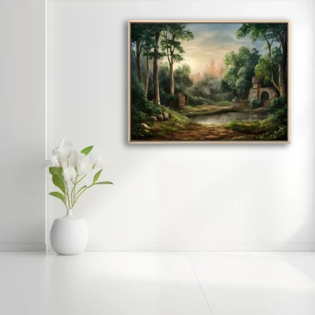 Painterly fantasy landscape with ancient ruins, forest, misty castle, warm golden light