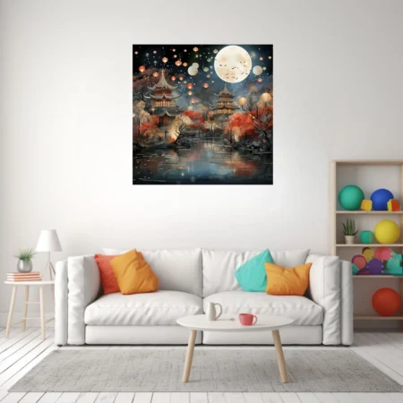 Chinese ink-style lantern festival scene with pagodas, full moon, and autumn foliage