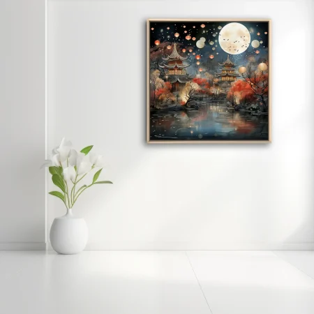 Chinese ink-style lantern festival scene with pagodas, full moon, and autumn foliage