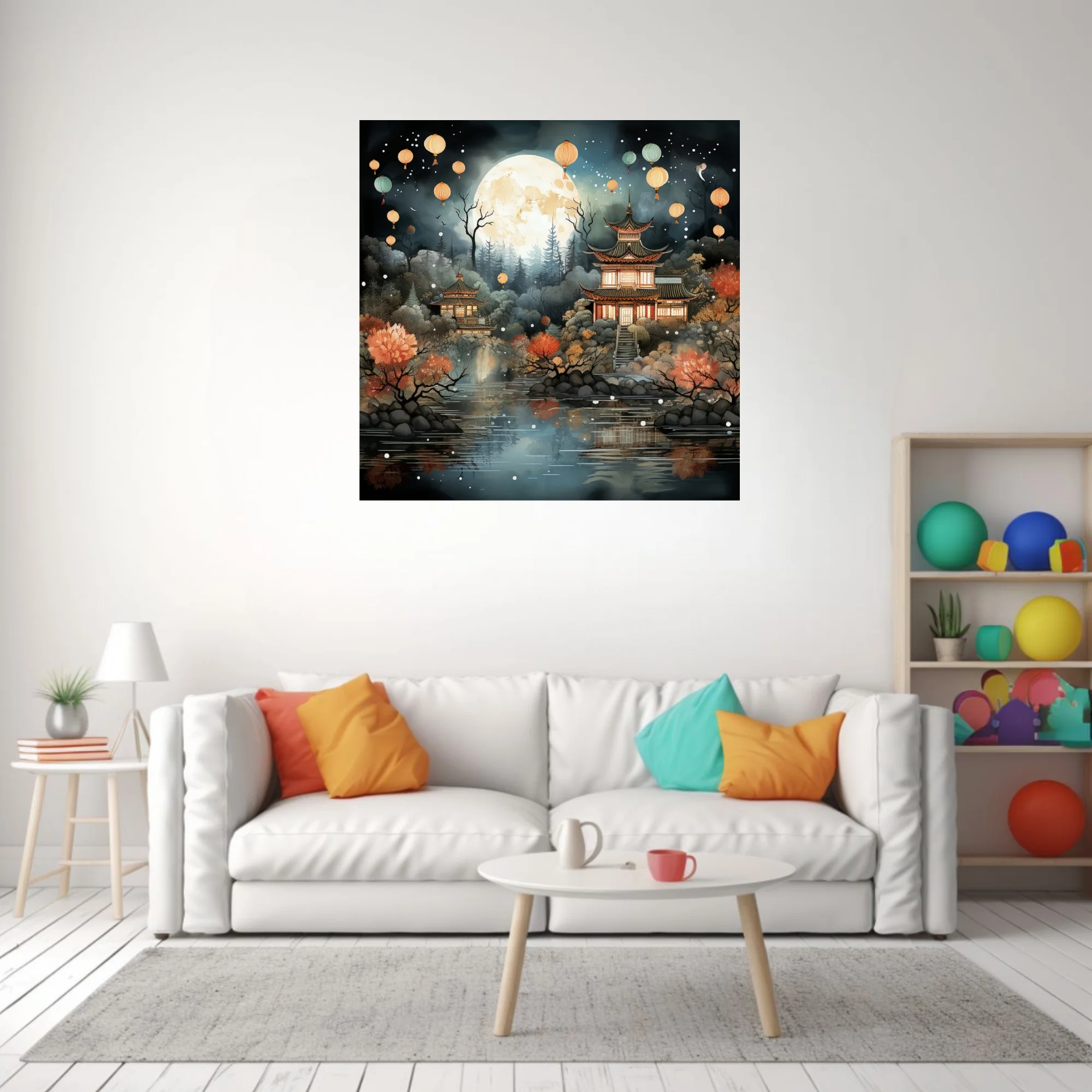 Chinese-style moonlit pagoda scene with floating lanterns, autumn foliage, and misty forest