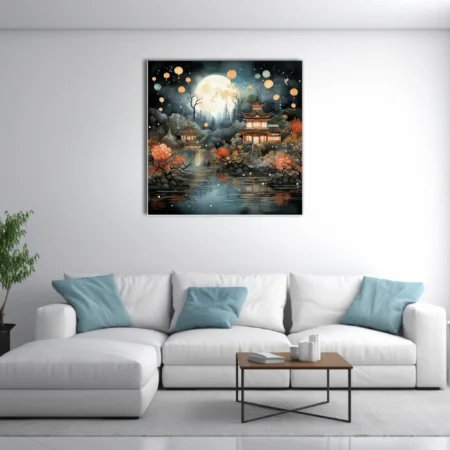 Chinese-style moonlit pagoda scene with floating lanterns, autumn foliage, and misty forest