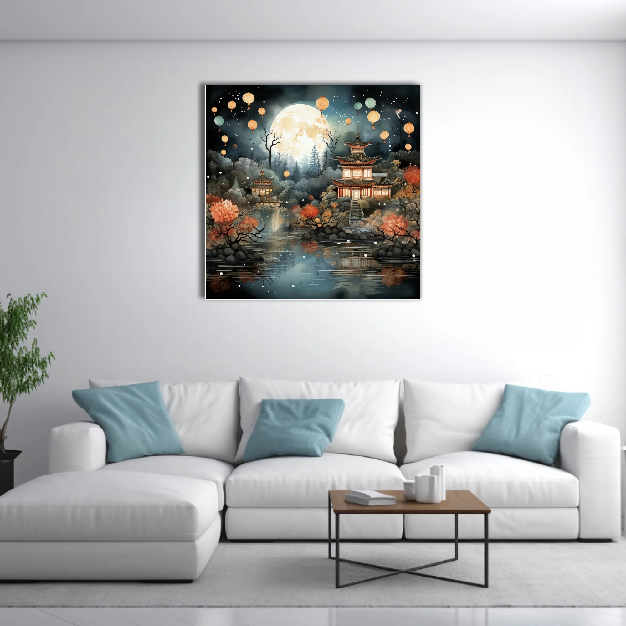 Chinese-style moonlit pagoda scene with floating lanterns, autumn foliage, and misty forest