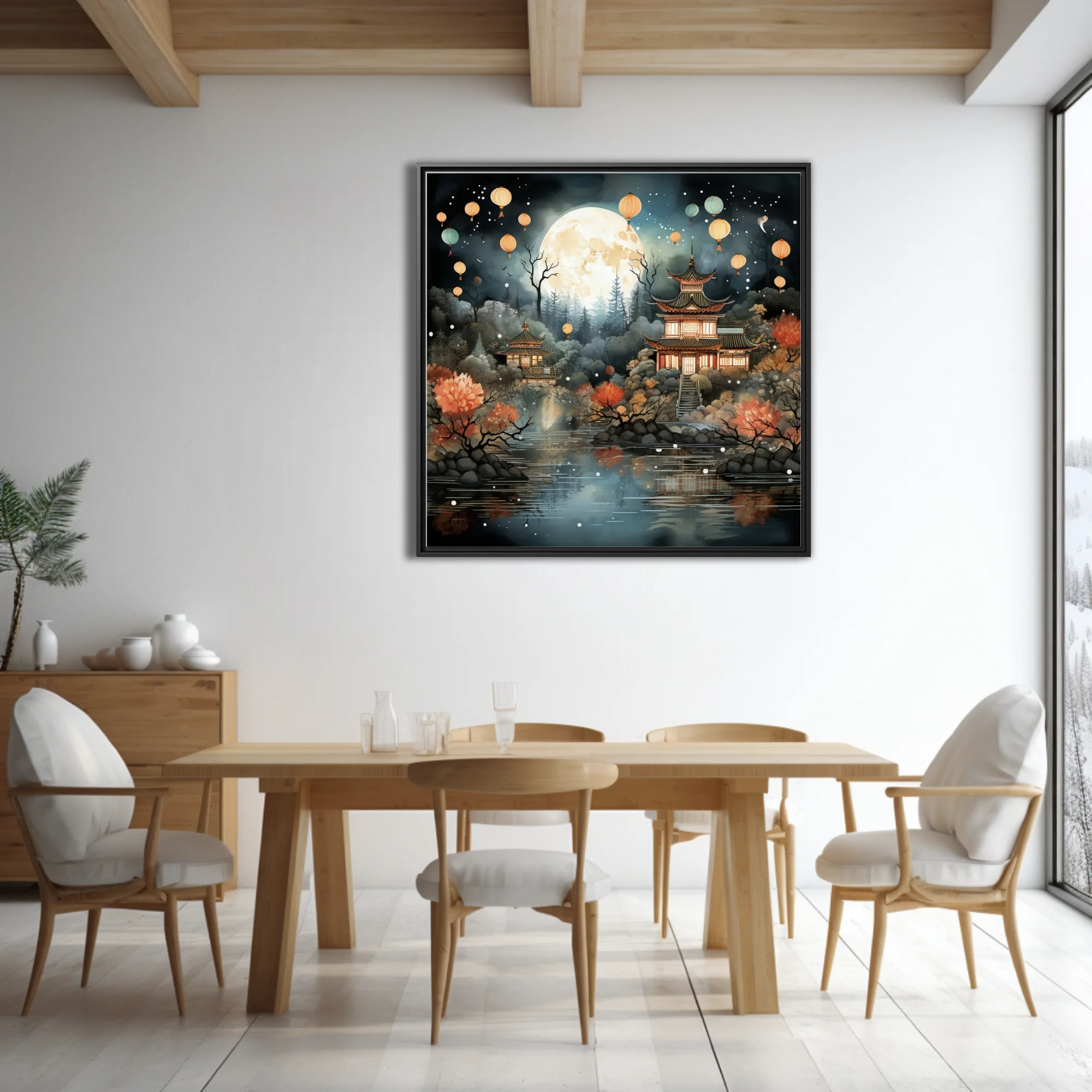 Chinese-style moonlit pagoda scene with floating lanterns, autumn foliage, and misty forest