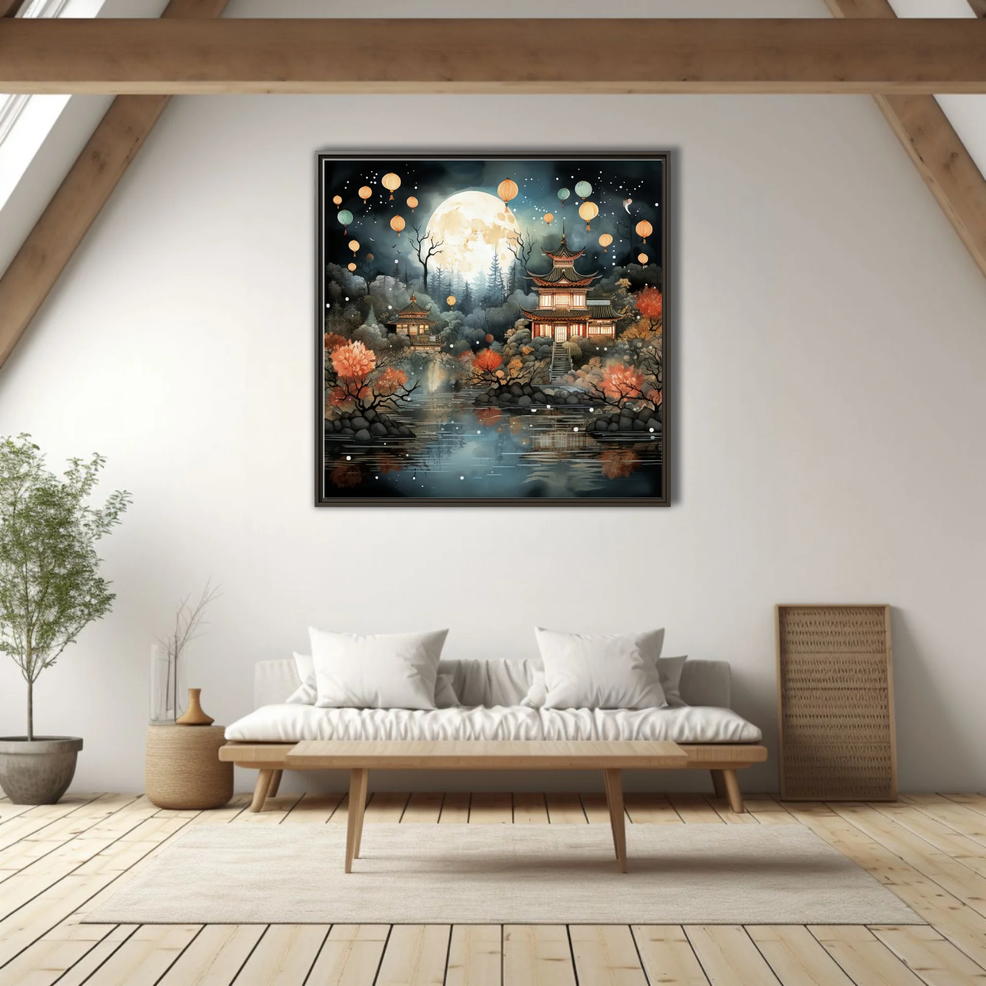 Chinese-style moonlit pagoda scene with floating lanterns, autumn foliage, and misty forest