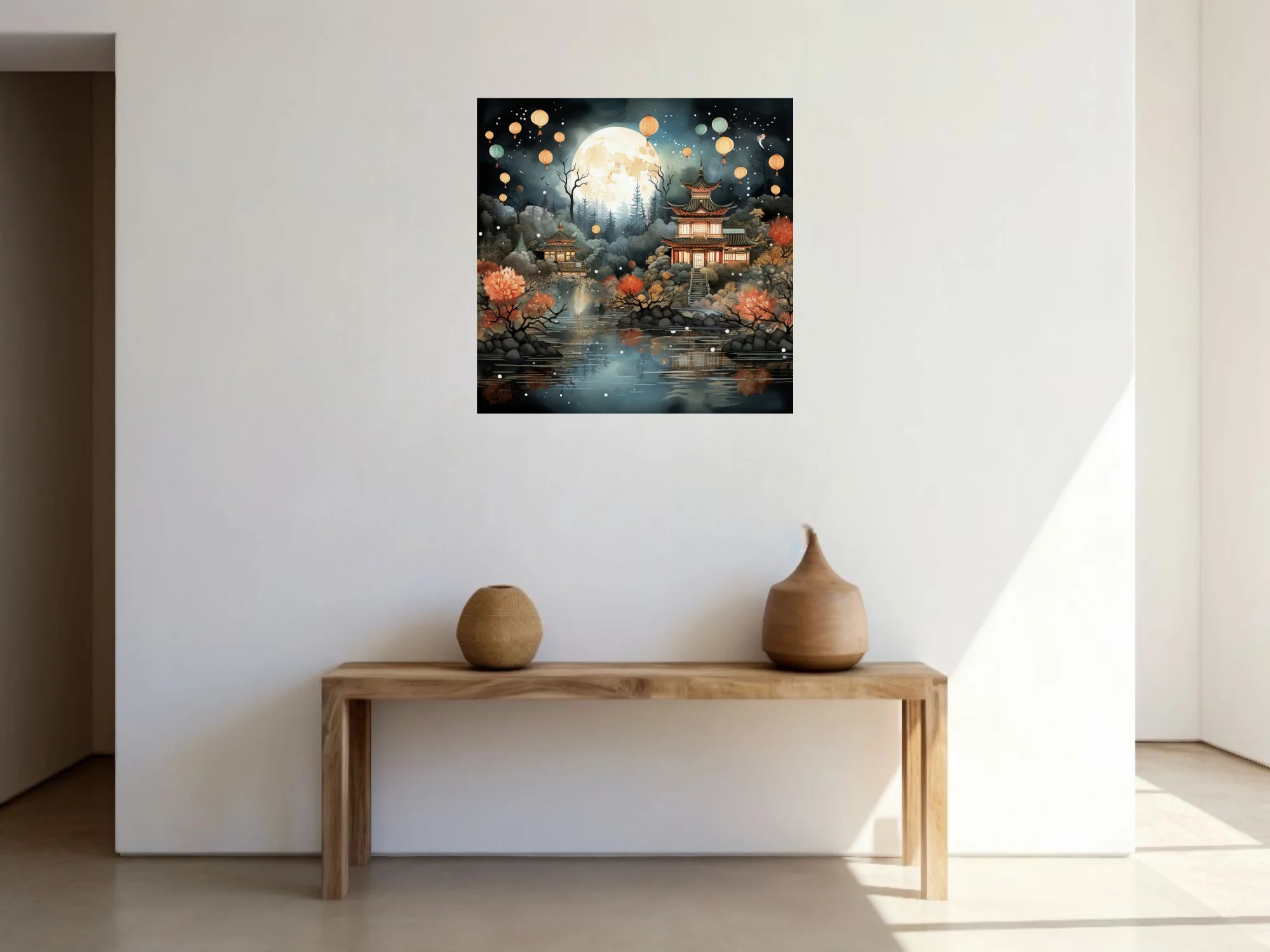 Chinese-style moonlit pagoda scene with floating lanterns, autumn foliage, and misty forest