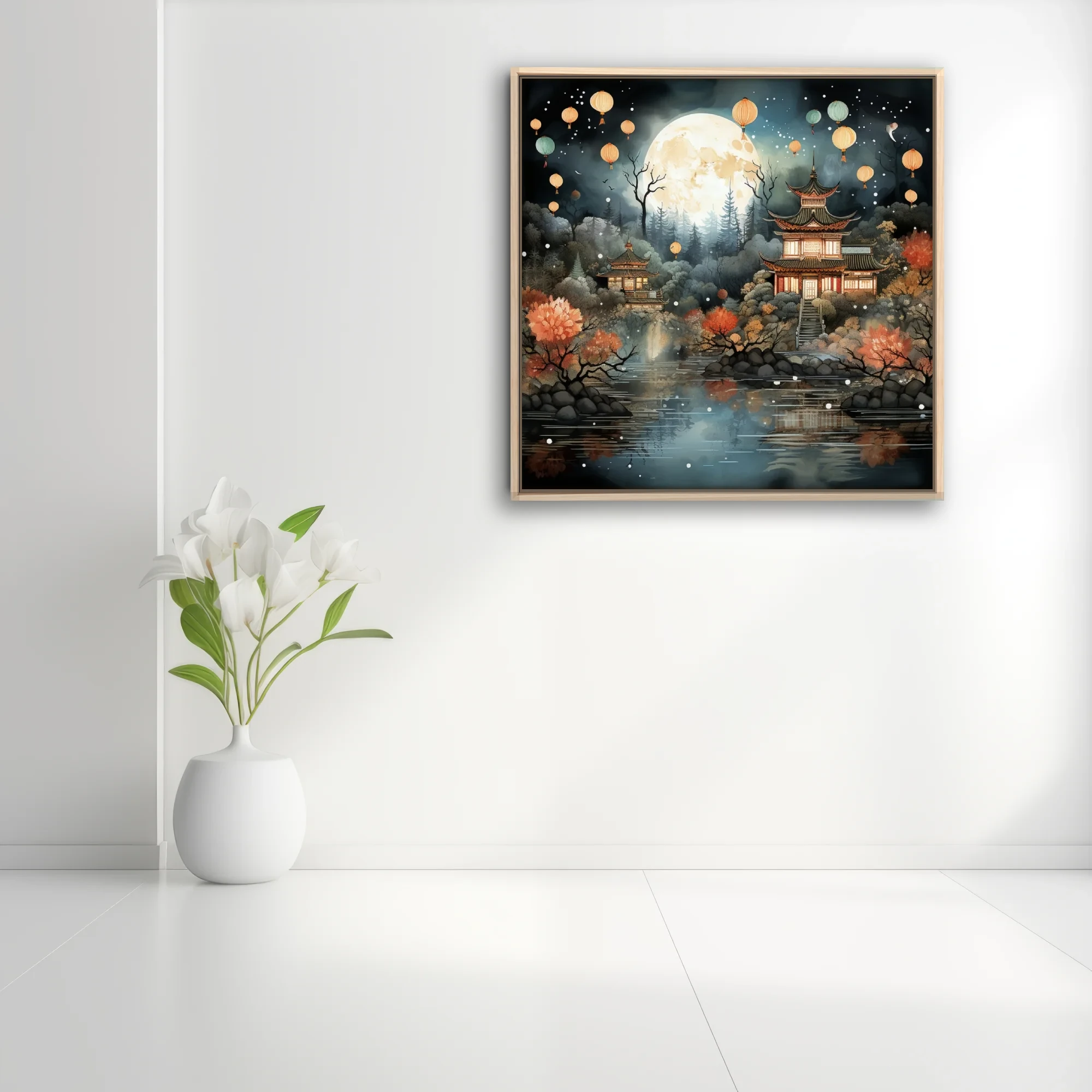 Chinese-style moonlit pagoda scene with floating lanterns, autumn foliage, and misty forest